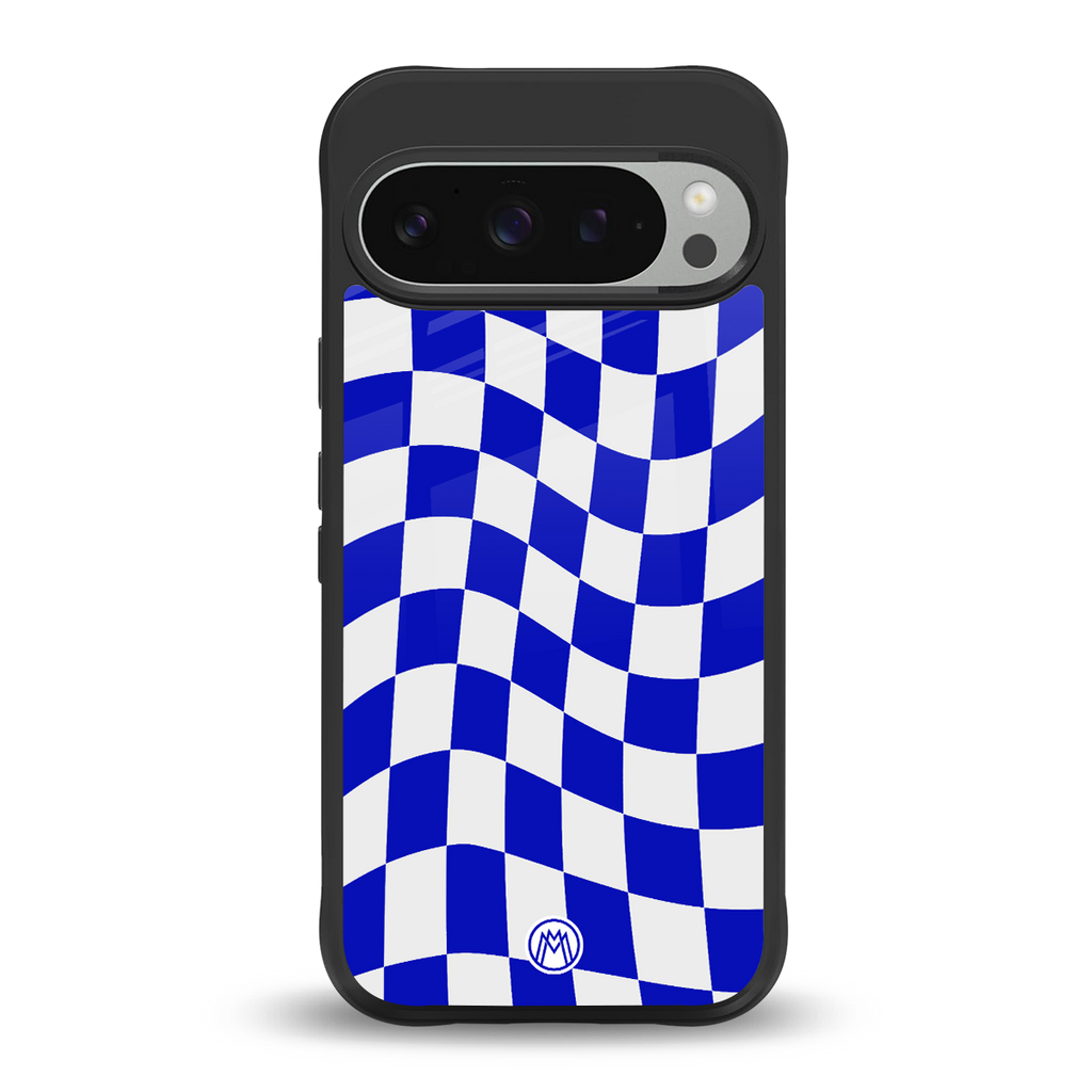 blue white trippy check pattern back phone cover | glass case for google pixel 9 pro