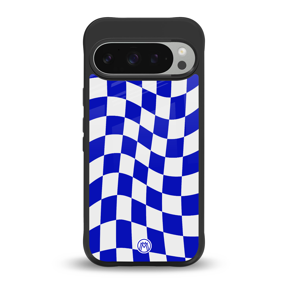 blue white trippy check pattern back phone cover | glass case for google pixel 9 pro xl