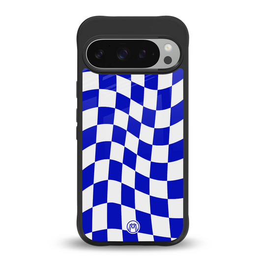 blue white trippy check pattern back phone cover | glass case for google pixel 9 pro xl