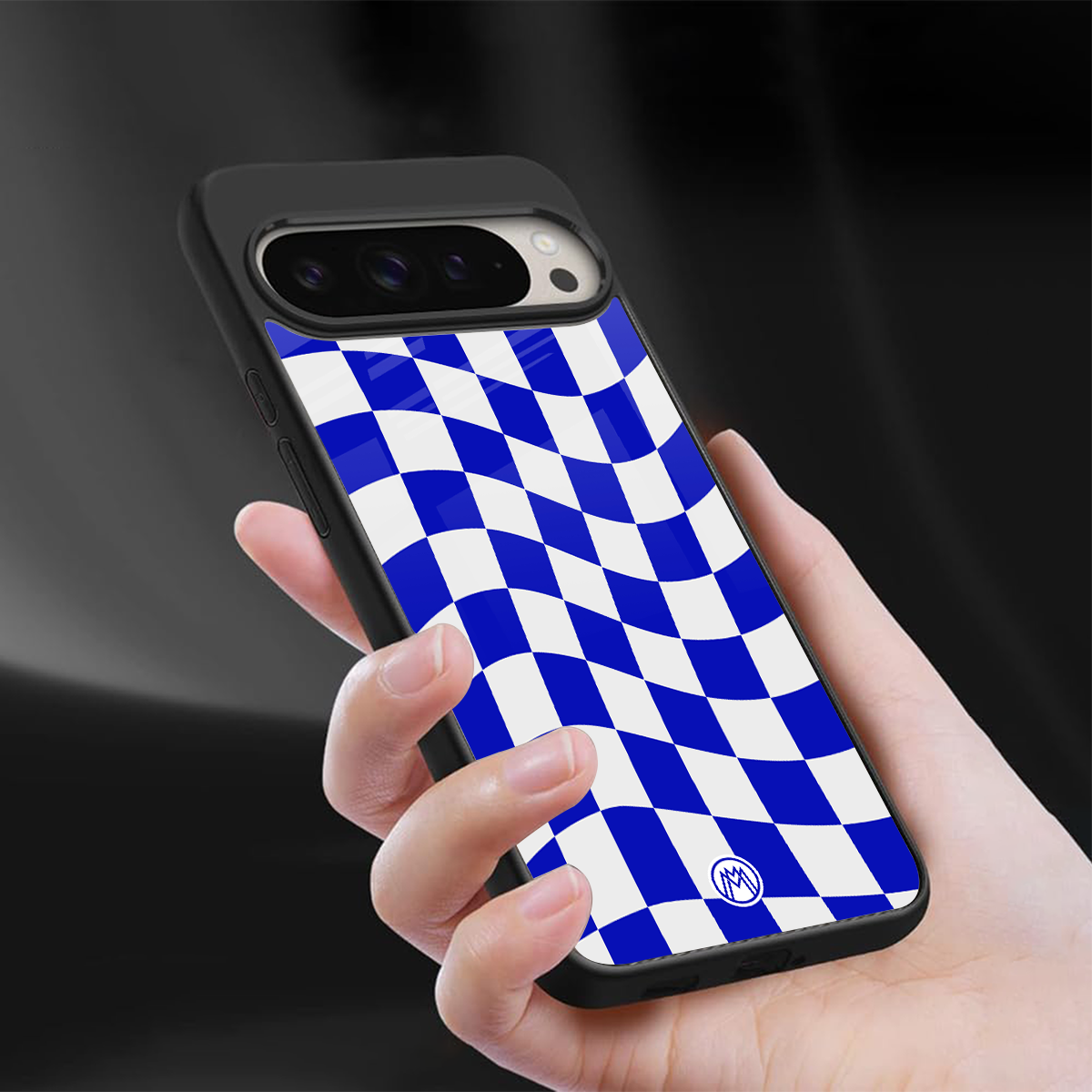 blue white trippy check pattern back phone cover | glass case for google pixel 9 pro xl