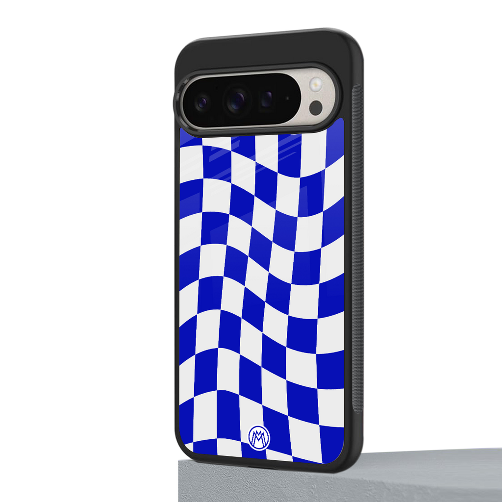 blue white trippy check pattern back phone cover | glass case for google pixel 9 pro