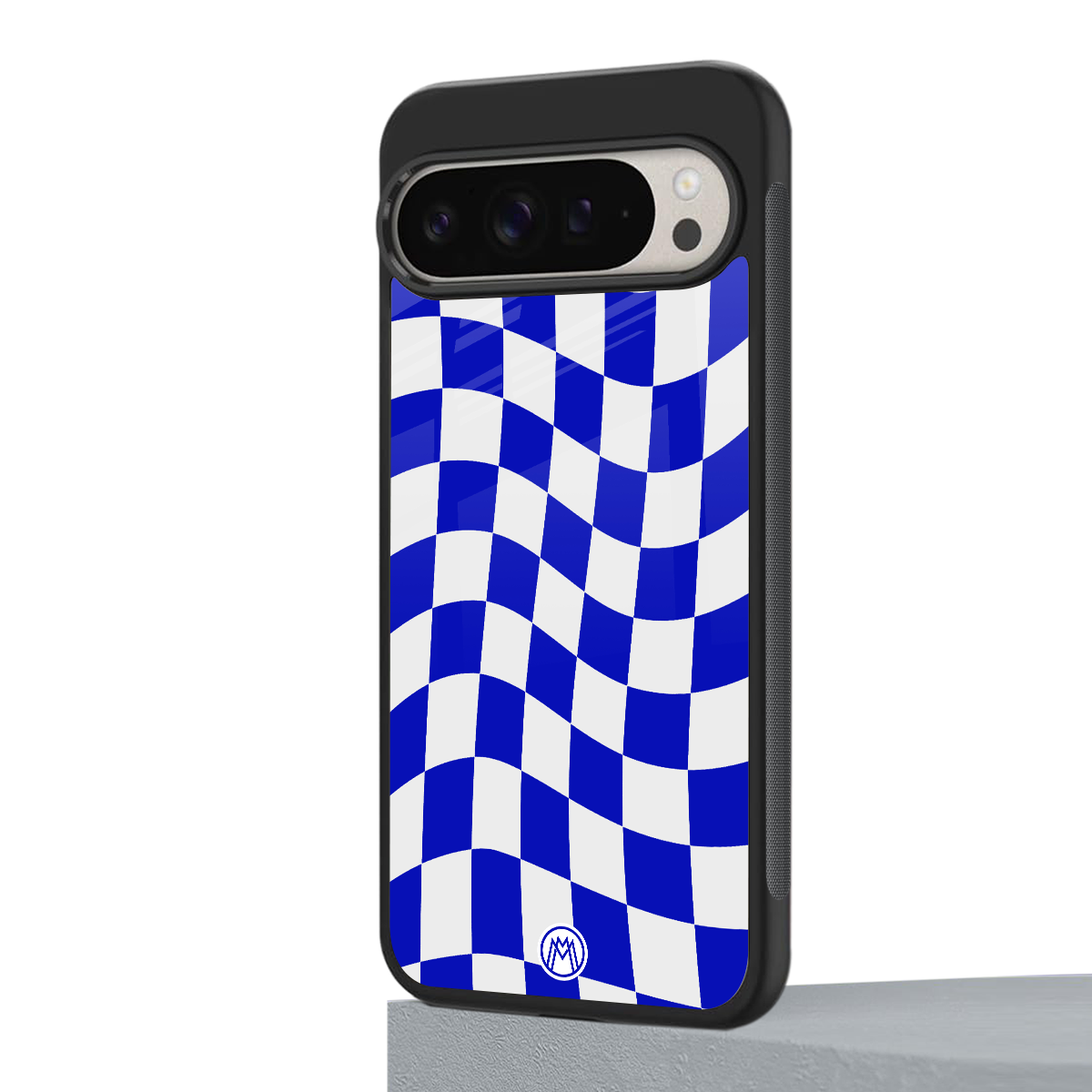 blue white trippy check pattern back phone cover | glass case for google pixel 9 pro xl