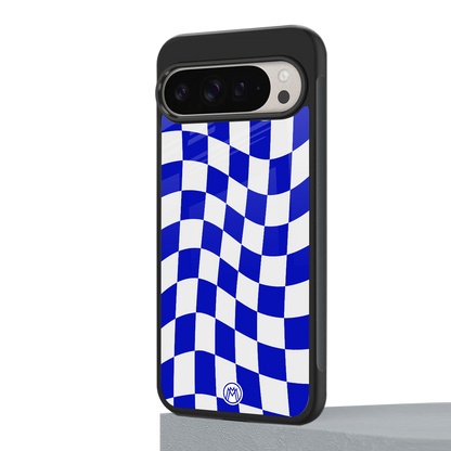 blue white trippy check pattern back phone cover | glass case for google pixel 9 pro xl