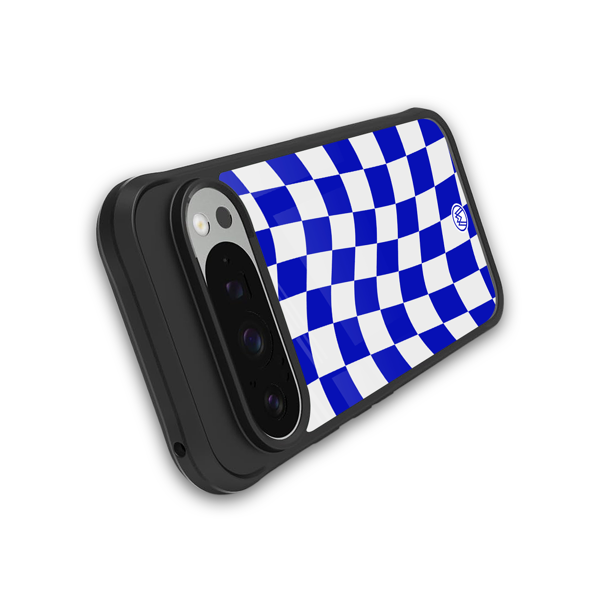 blue white trippy check pattern back phone cover | glass case for google pixel 9 pro