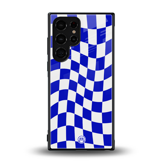 blue white trippy check pattern back phone cover | glass case for samsung galaxy s24 ultra