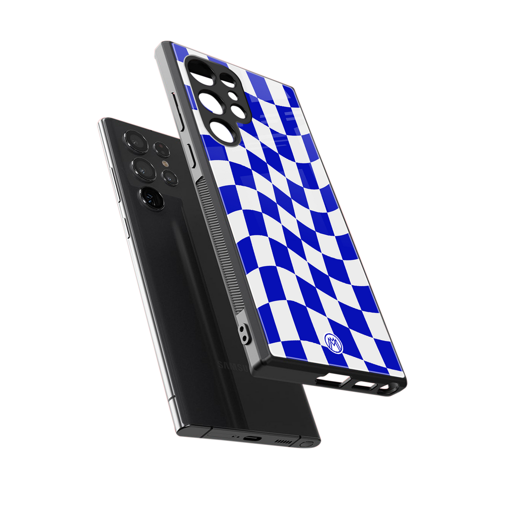 blue white trippy check pattern back phone cover | glass case for samsung galaxy s24 ultra
