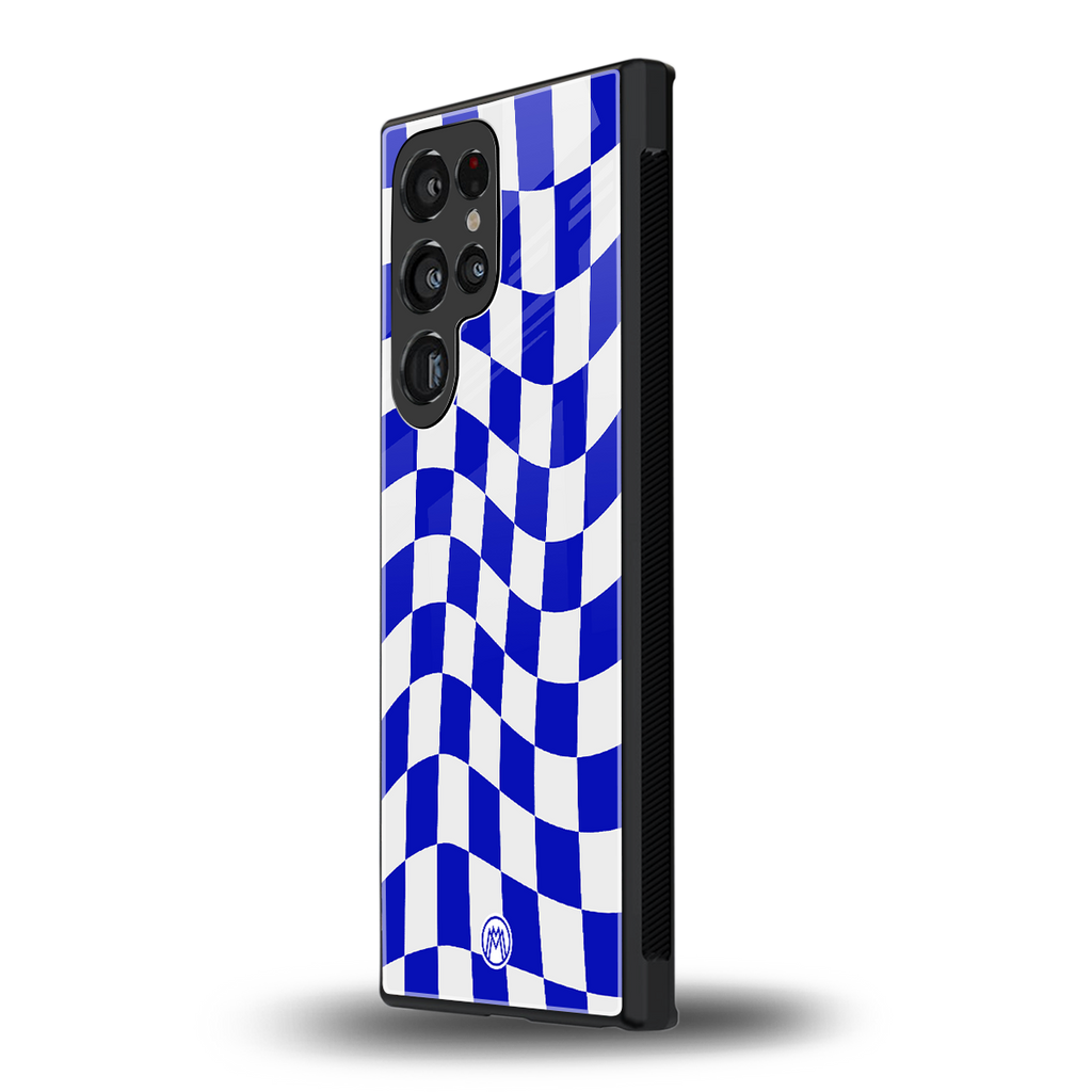 blue white trippy check pattern back phone cover | glass case for samsung galaxy s23 ultra