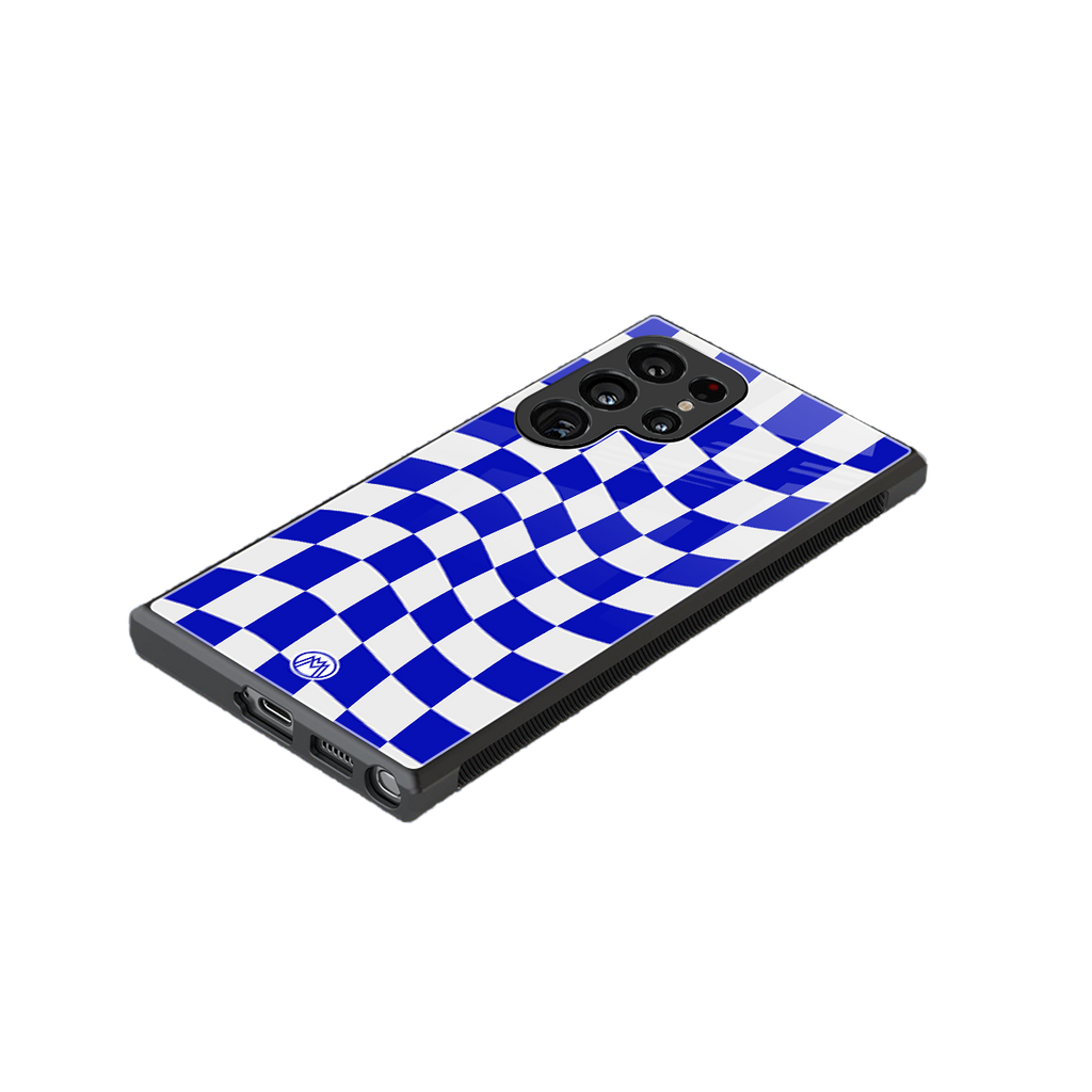blue white trippy check pattern back phone cover | glass case for samsung galaxy s24 ultra