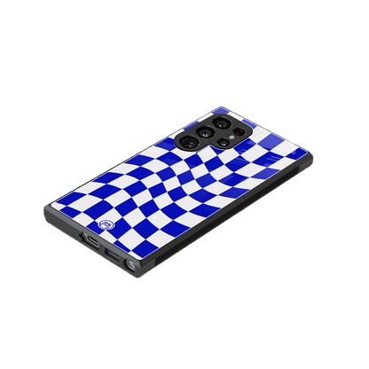 blue white trippy check pattern back phone cover | glass case for samsung galaxy s23 ultra