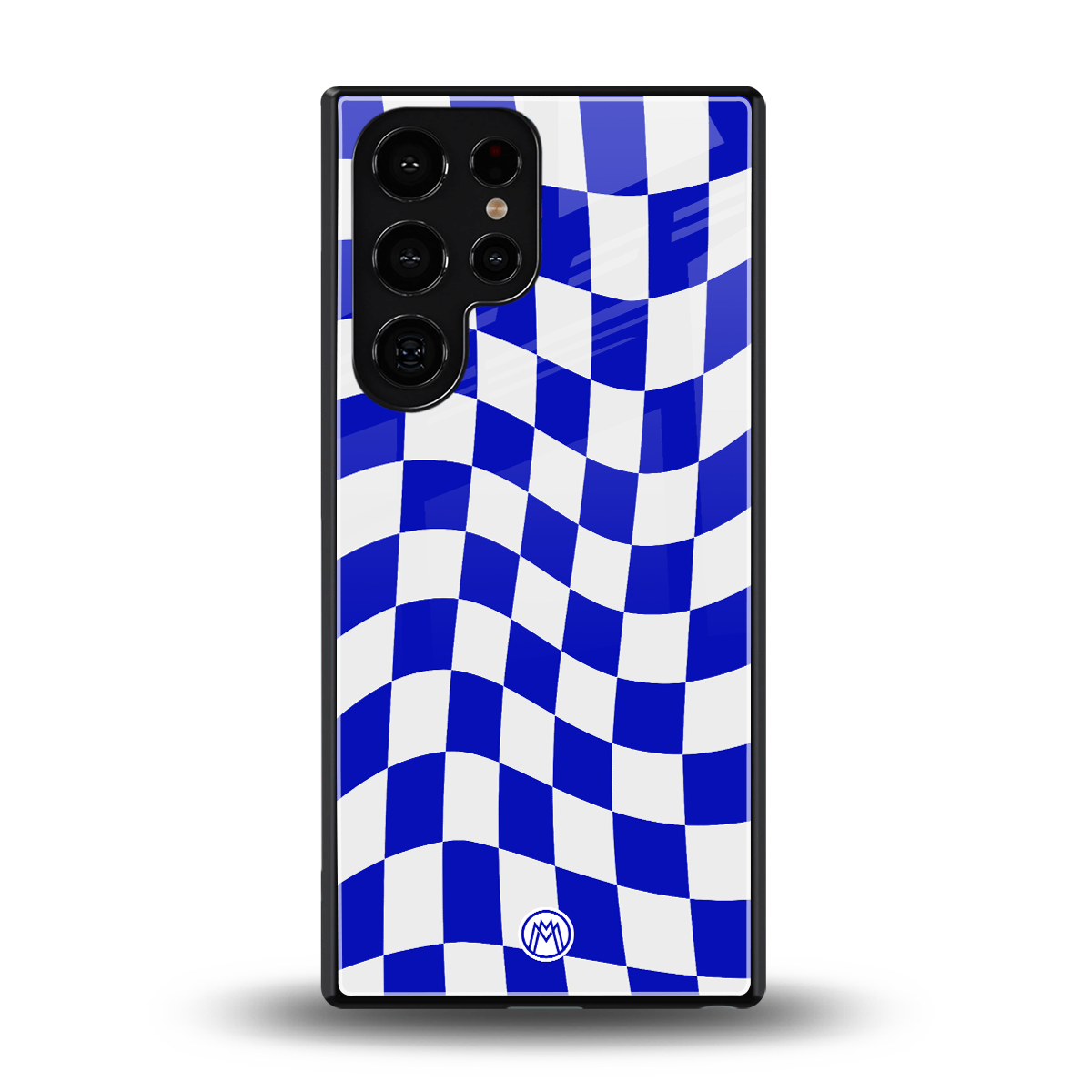 blue white trippy check pattern back phone cover | glass case for samsung galaxy s25 ultra