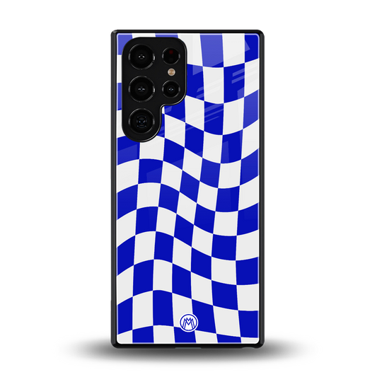 blue white trippy check pattern back phone cover | glass case for samsung galaxy s25 ultra