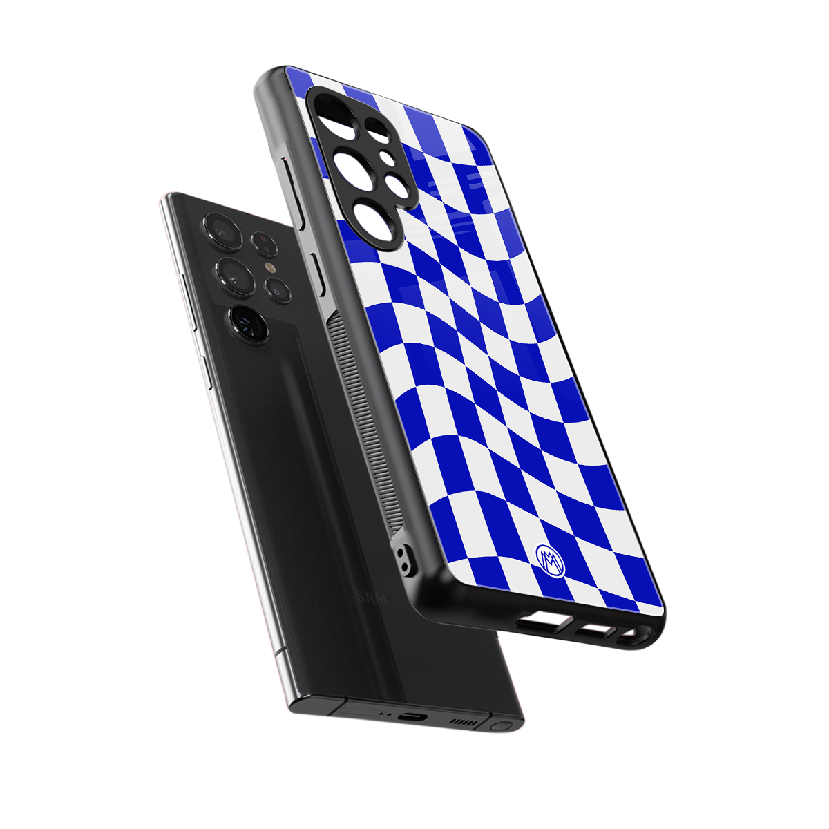 blue white trippy check pattern back phone cover | glass case for samsung galaxy s25 ultra