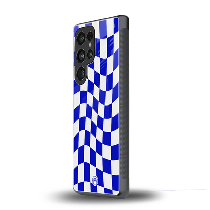 blue white trippy check pattern back phone cover | glass case for samsung galaxy s25 ultra