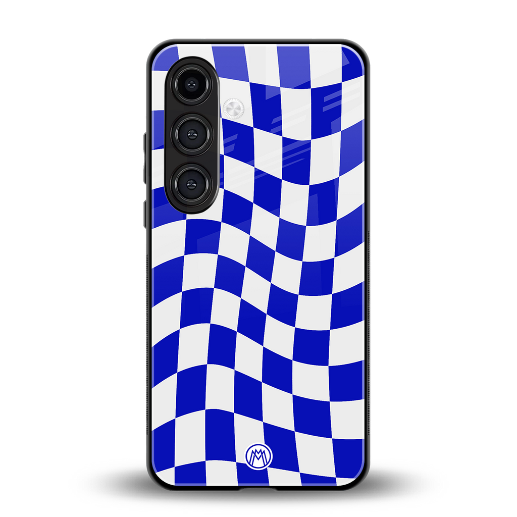 blue white trippy check pattern back phone cover | glass case for samsung galaxy s25 plus