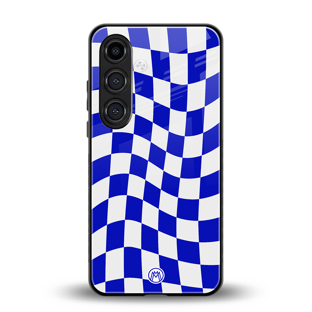 blue white trippy check pattern back phone cover | glass case for samsung galaxy s23 plus