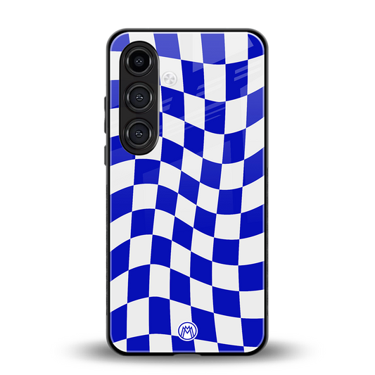 blue white trippy check pattern back phone cover | glass case for samsung galaxy s23 plus