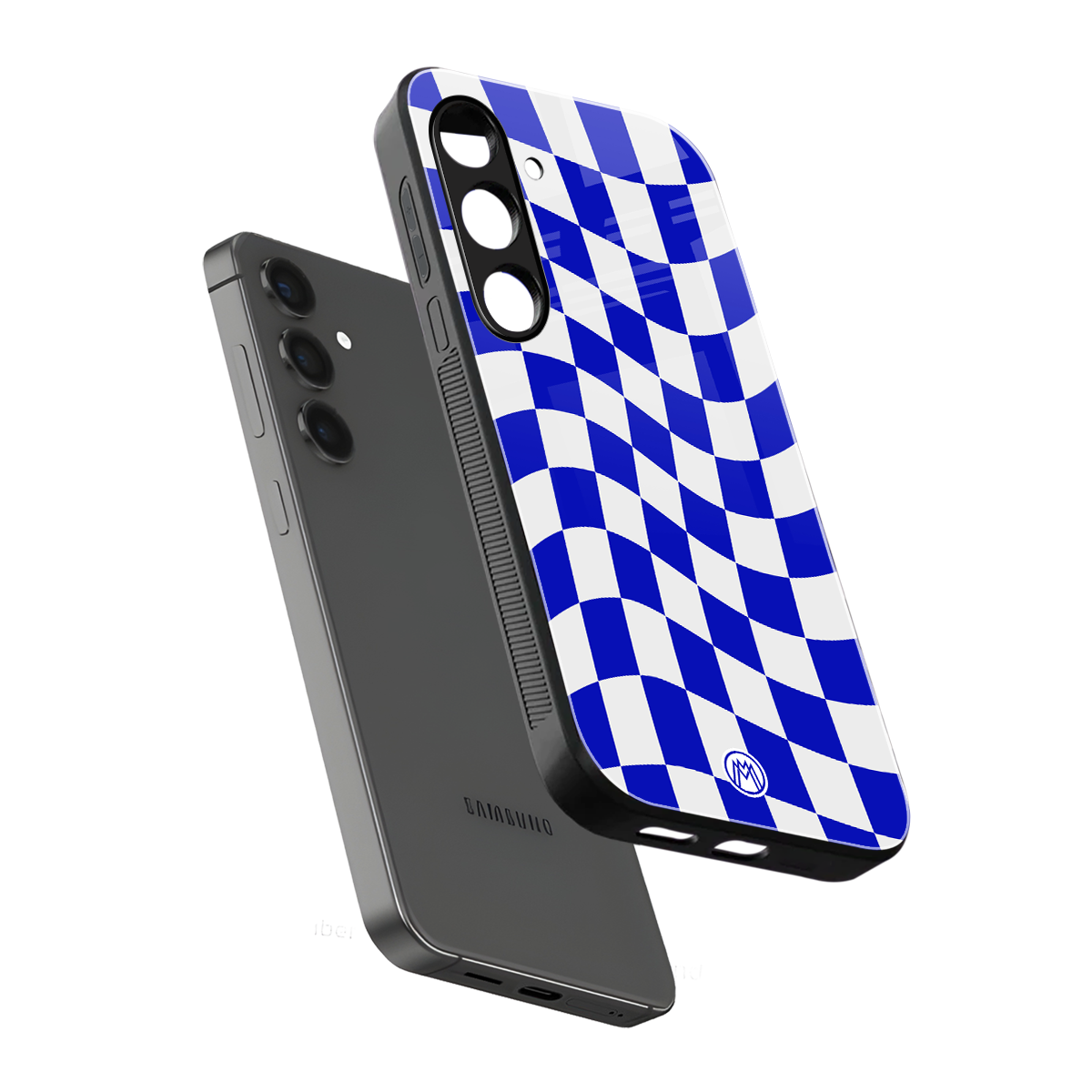 blue white trippy check pattern back phone cover | glass case for samsung galaxy s23 plus