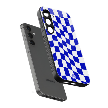 blue white trippy check pattern back phone cover | glass case for samsung galaxy s24 plus