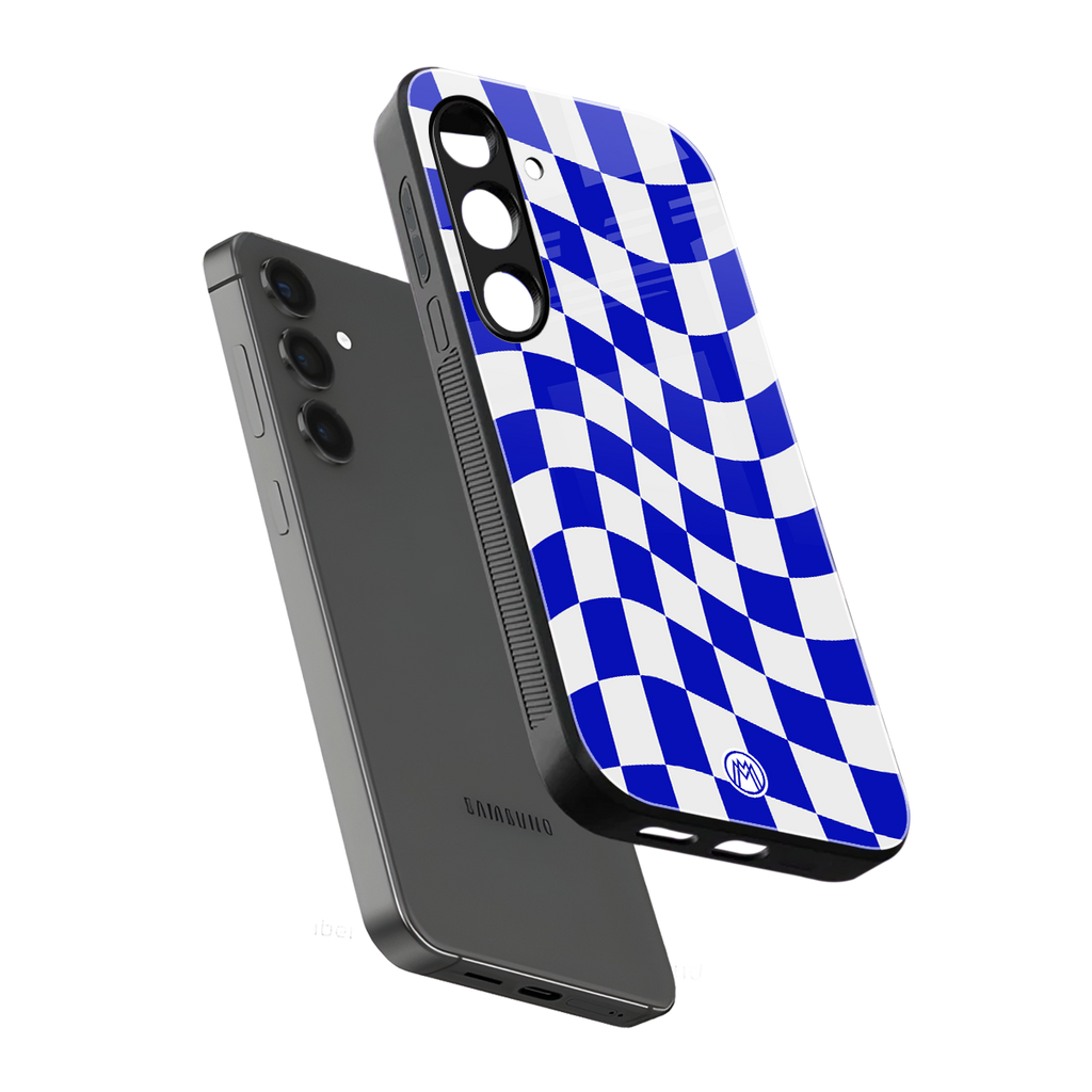 blue white trippy check pattern back phone cover | glass case for samsung galaxy s24 fe