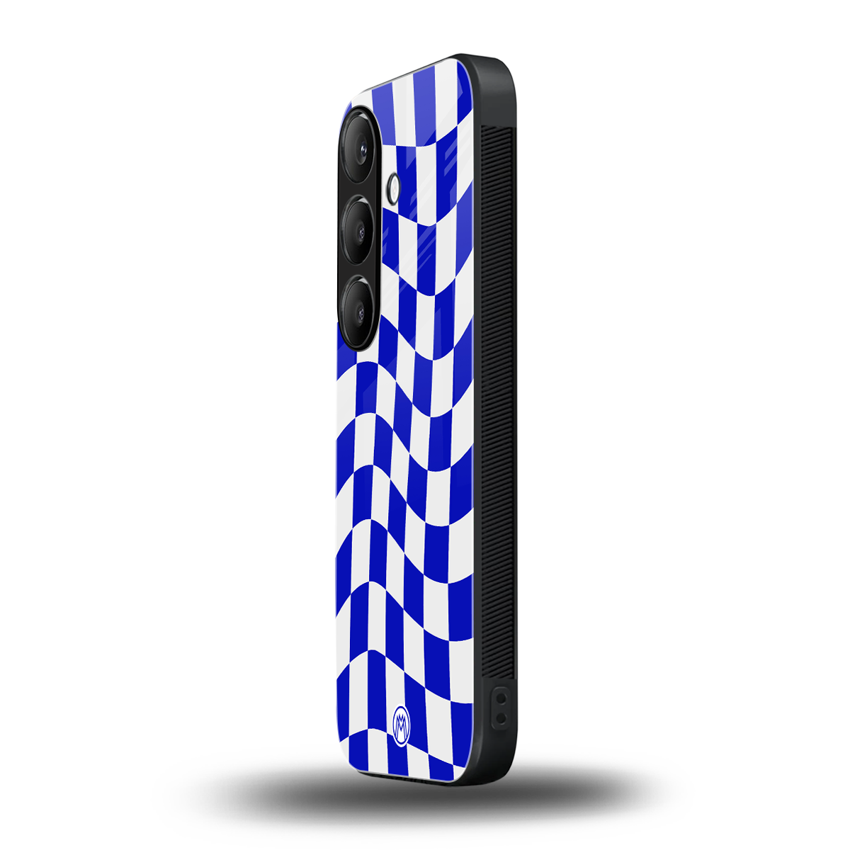blue white trippy check pattern back phone cover | glass case for samsung galaxy s23