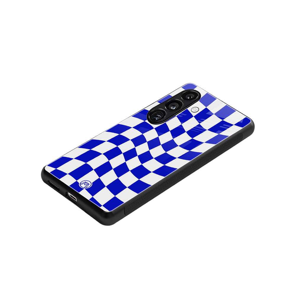 blue white trippy check pattern back phone cover | glass case for samsung galaxy s24