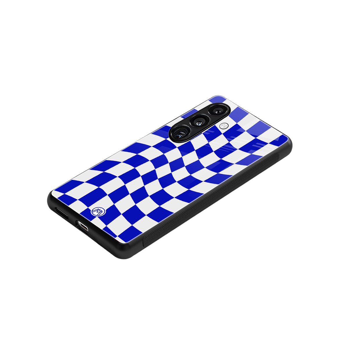 blue white trippy check pattern back phone cover | glass case for samsung galaxy s25 plus