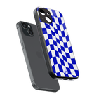 blue white trippy check pattern back phone cover | glass case for iphone 15
