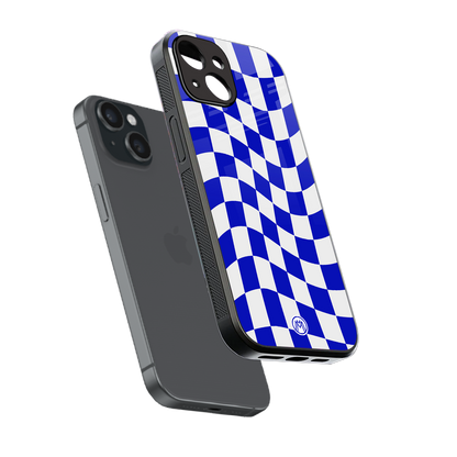 blue white trippy check pattern back phone cover | glass case for iphone 15