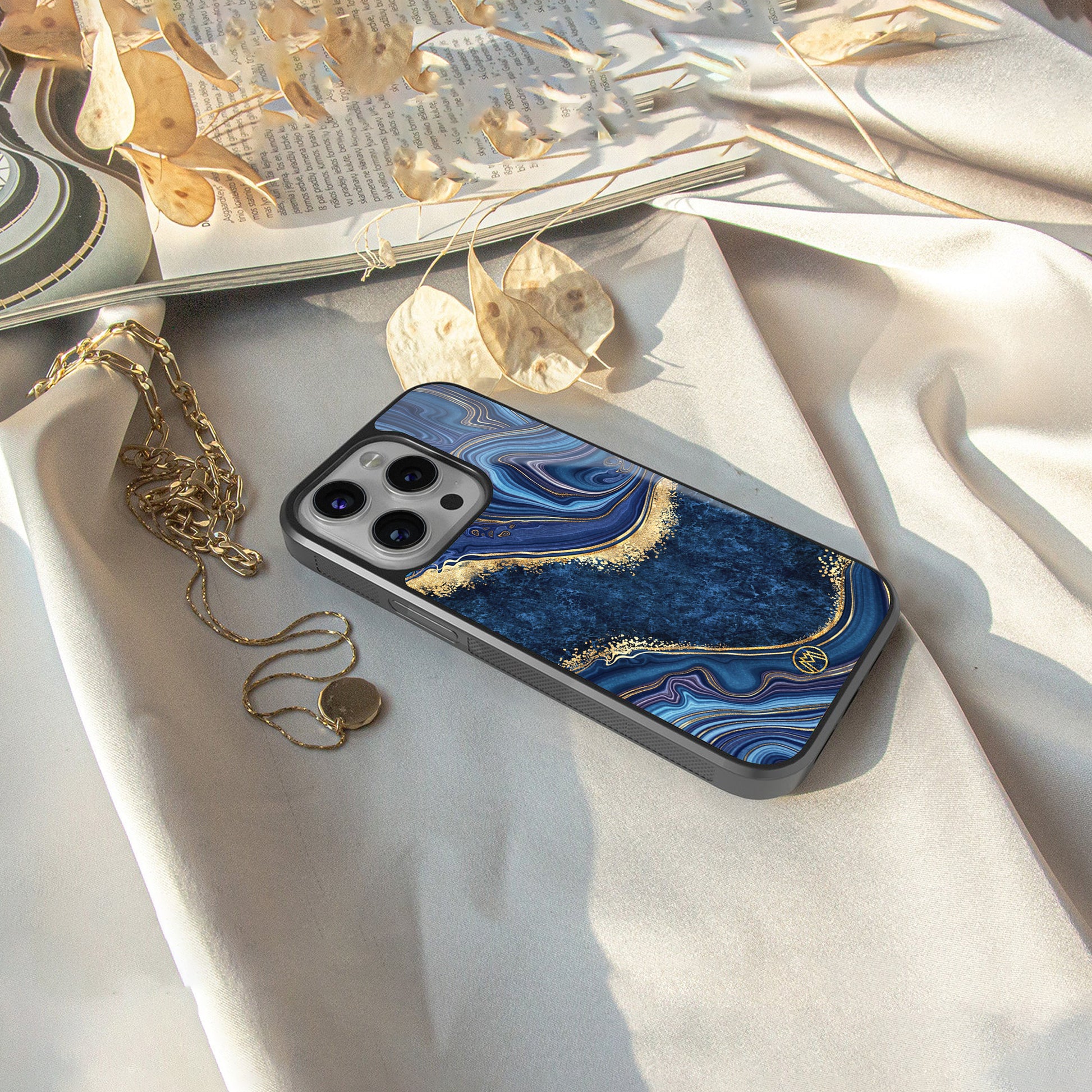 blue gold liquid marble back phone cover | glass case for iphone 16 pro max