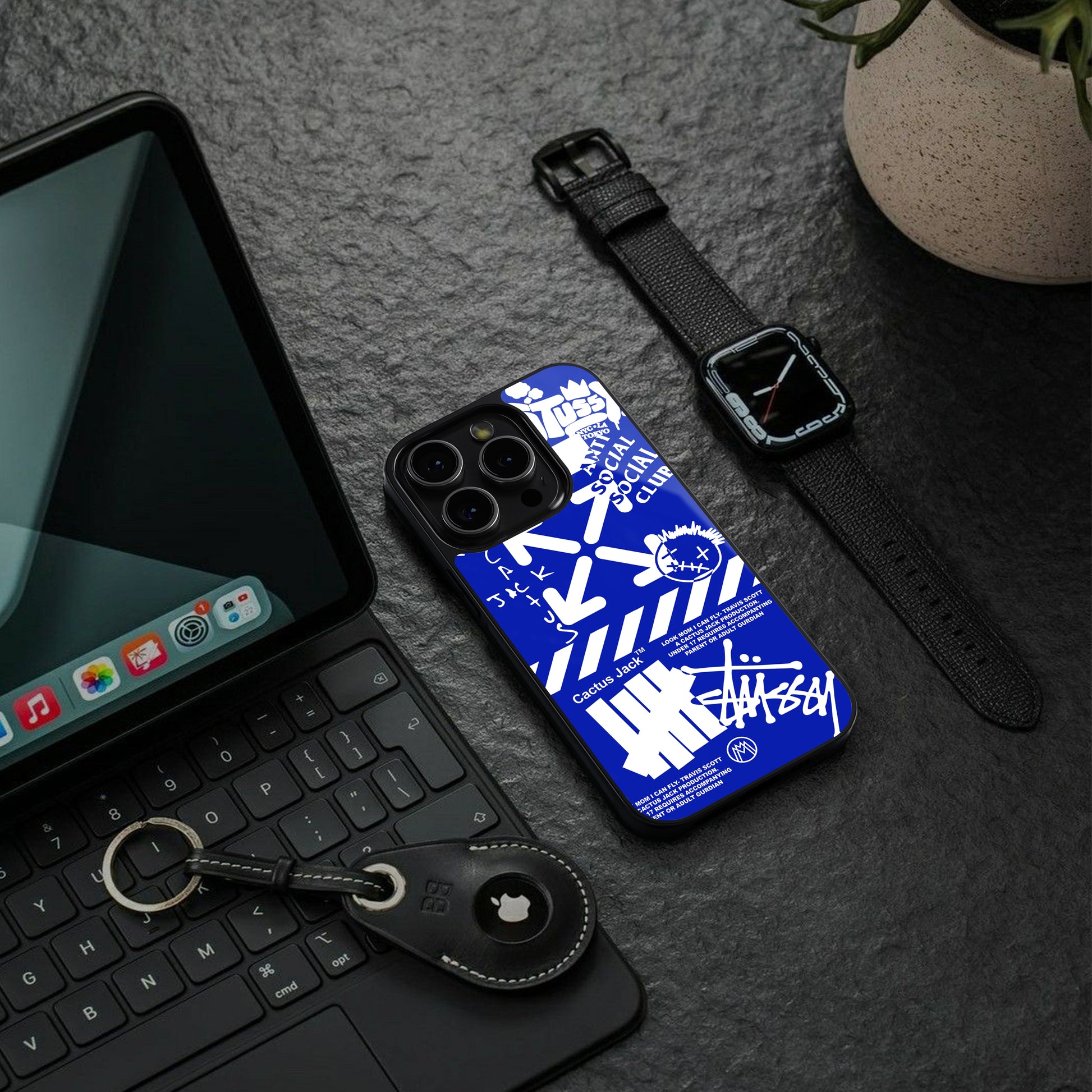 blue travis scott x anti social social club back phone cover | glass case for iphone 16 pro