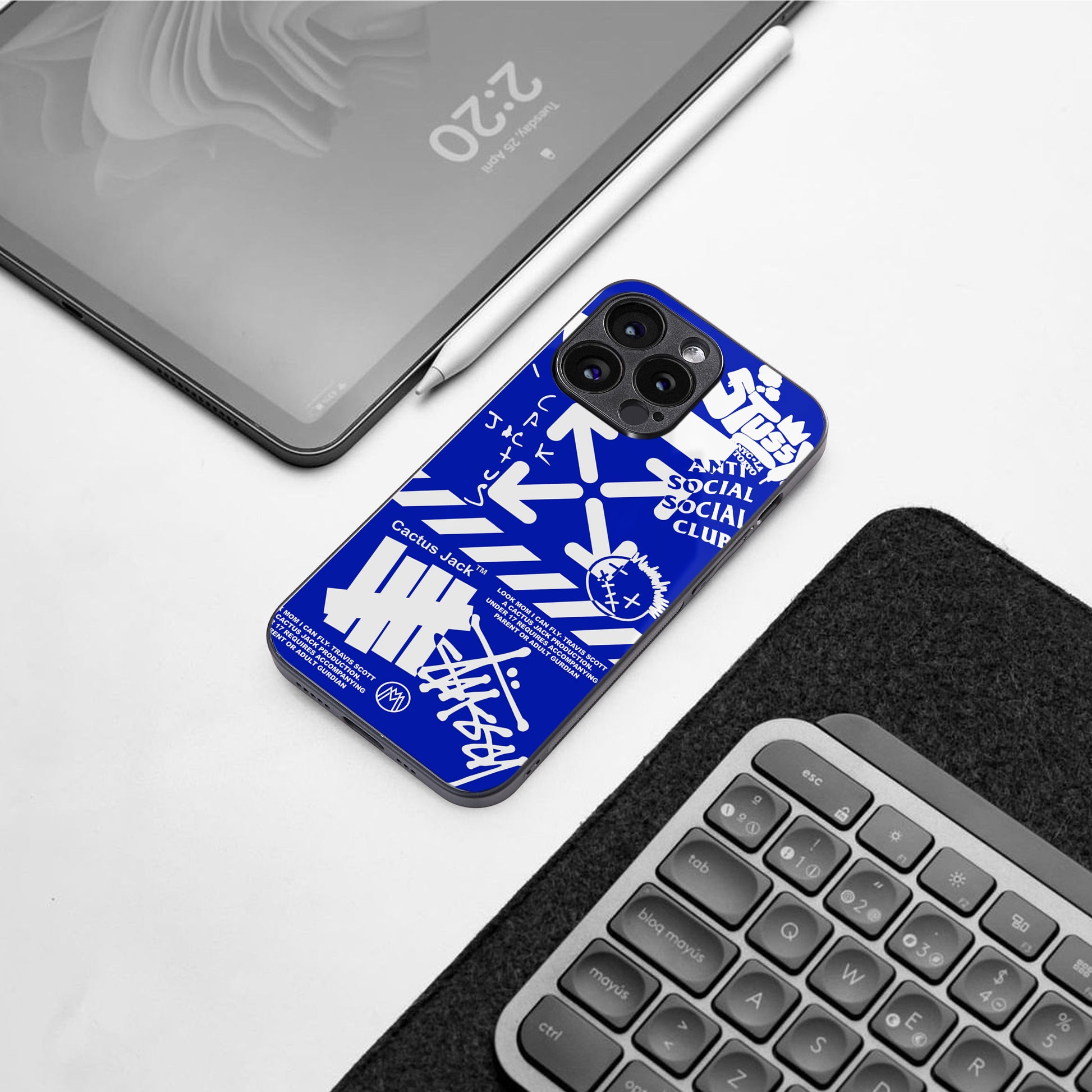 blue travis scott x anti social social club back phone cover | glass case for iphone 16 pro