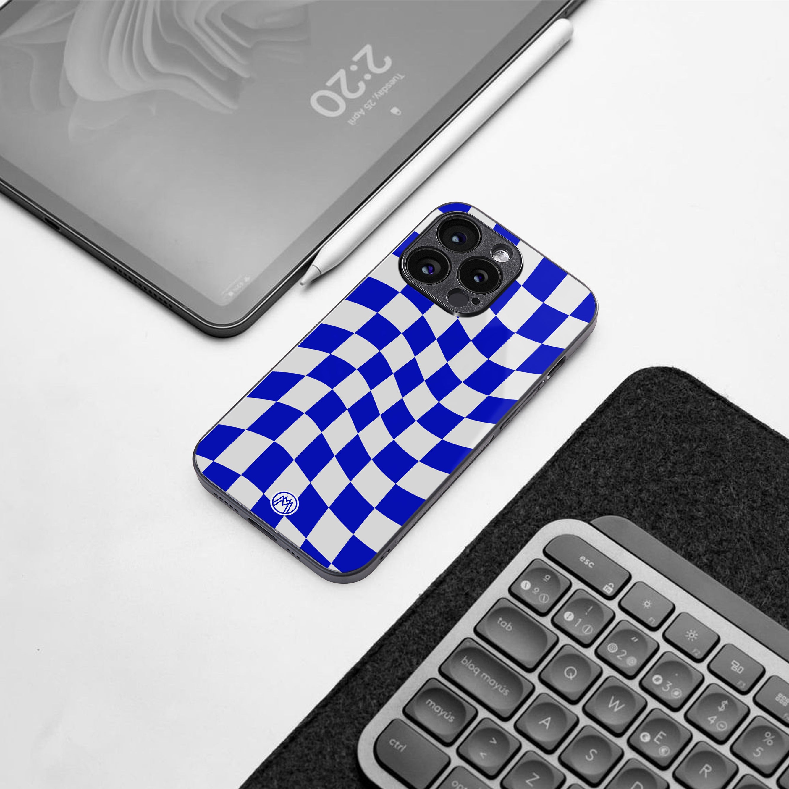 blue white trippy check pattern back phone cover | glass case for iphone 16 pro max
