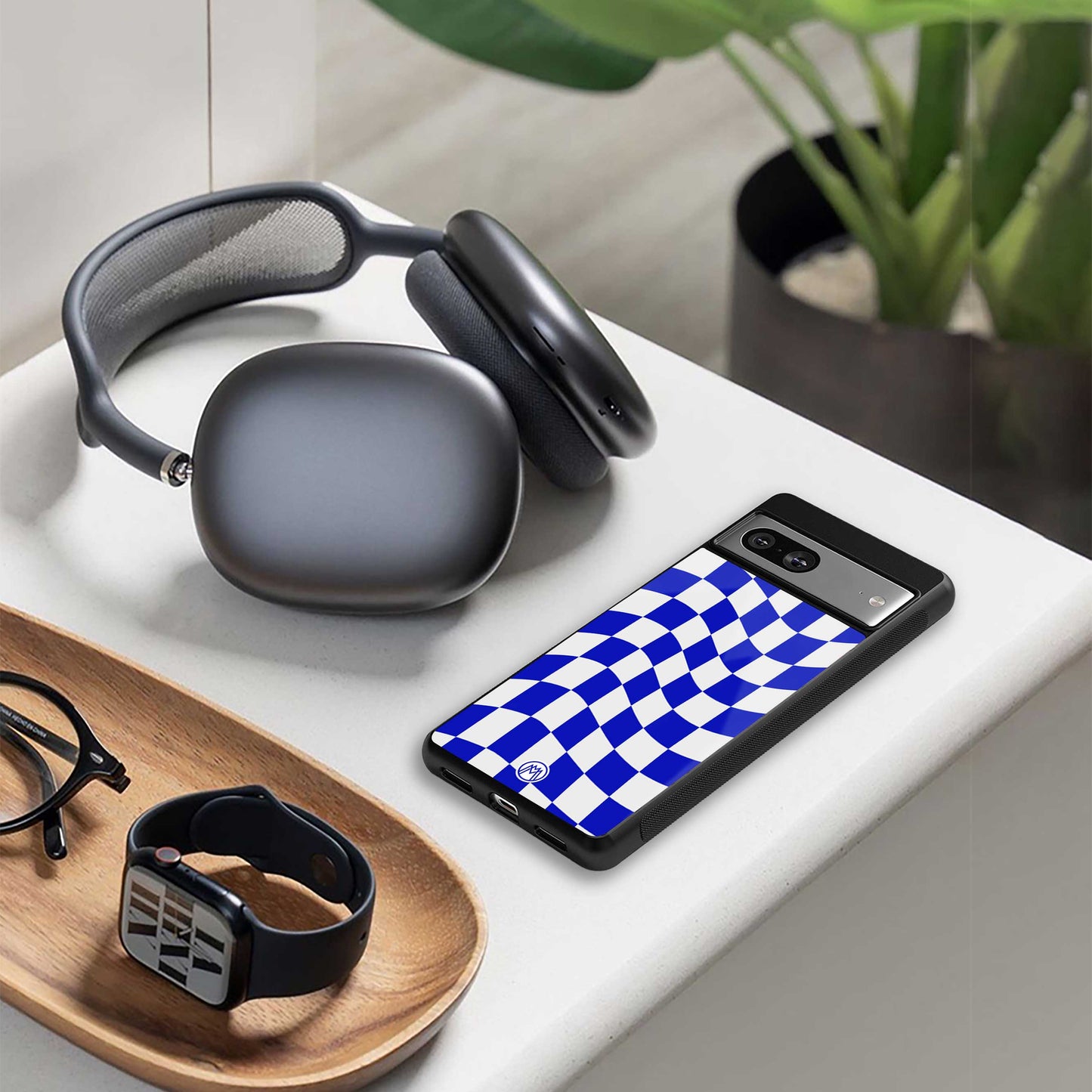 blue white trippy check pattern back phone cover | glass case for oneplus nord ce 3