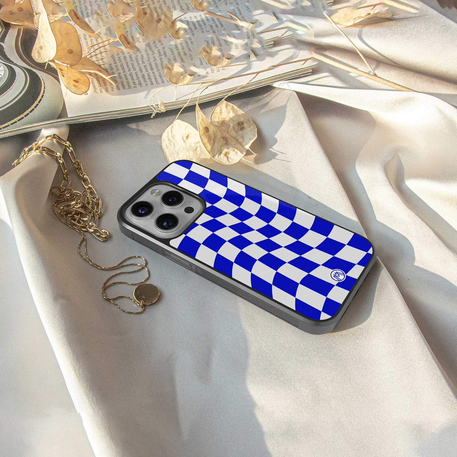 blue white trippy check pattern back phone cover | glass case for iphone 14