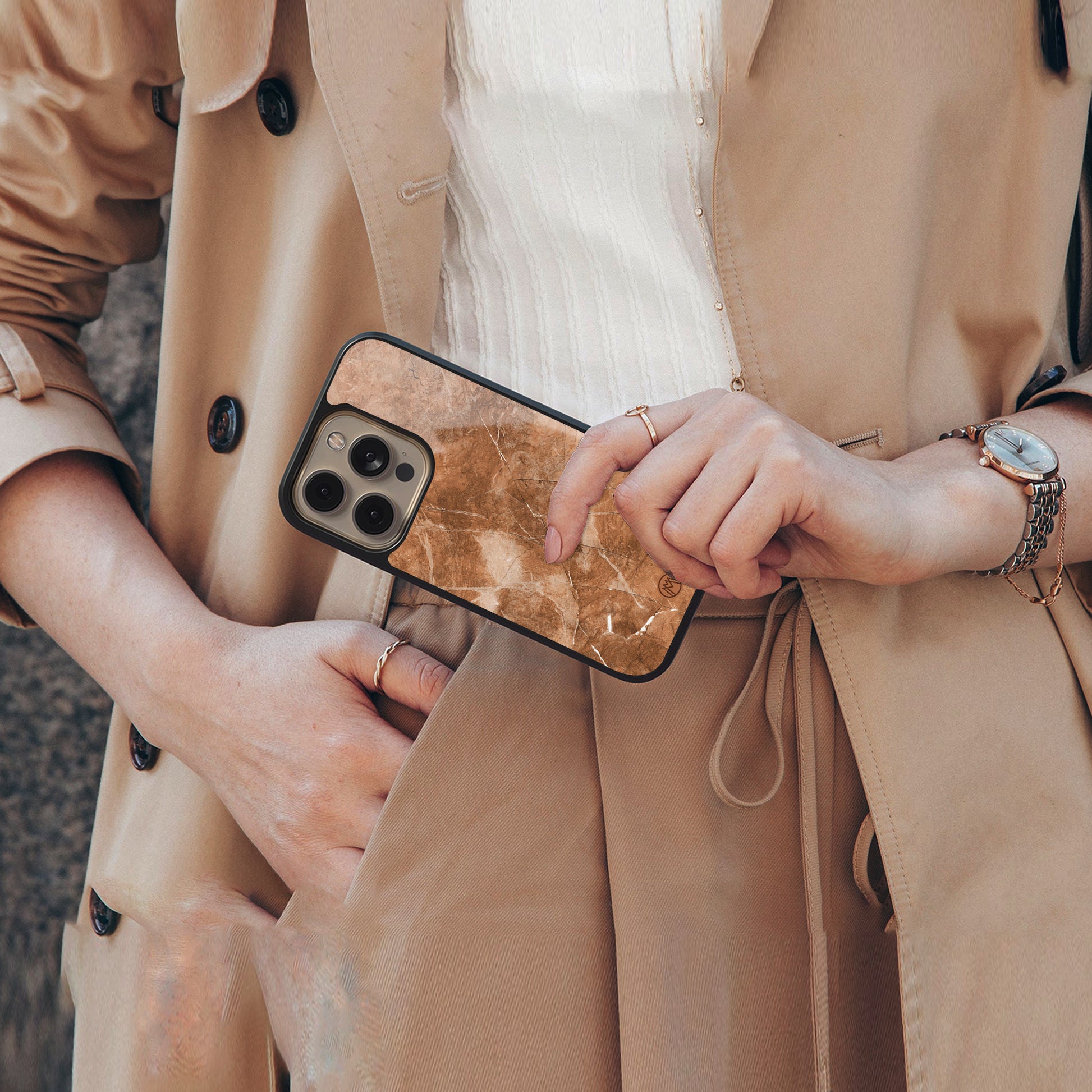 caramel brown marble back phone cover | glass case for iphone 16 pro max