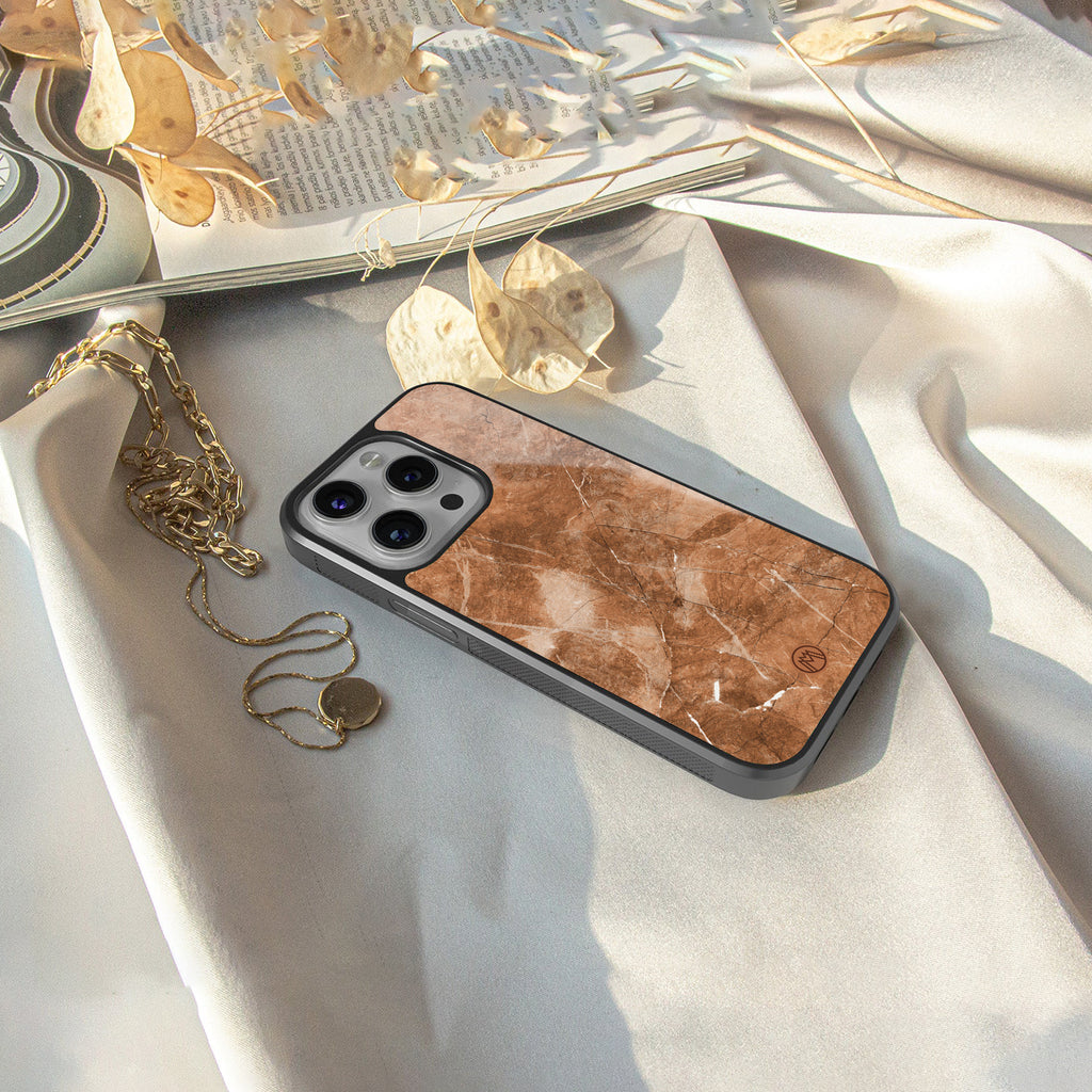 caramel brown marble back phone cover | glass case for iphone 16 plus