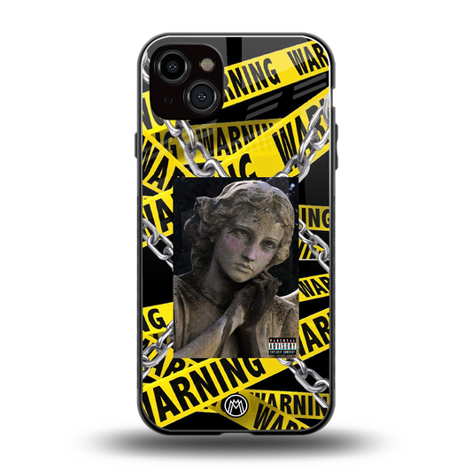 caution back phone cover | glass case for iphone 15 plus