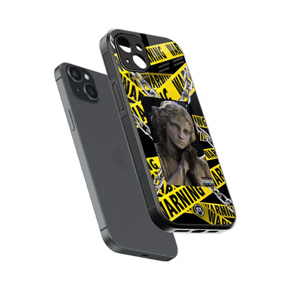 caution back phone cover | glass case for iphone 15 plus