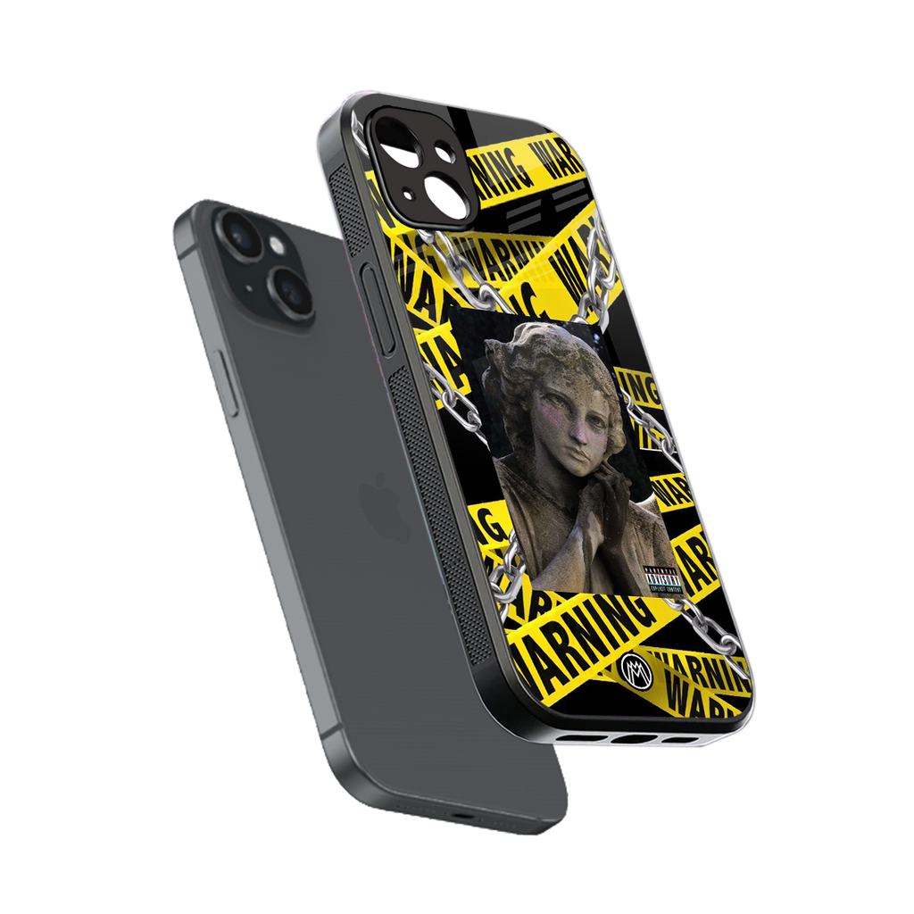 caution back phone cover | glass case for iphone 14 plus