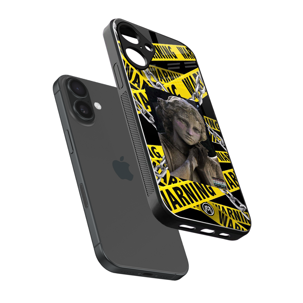 caution back phone cover | glass case for iphone 16 plus