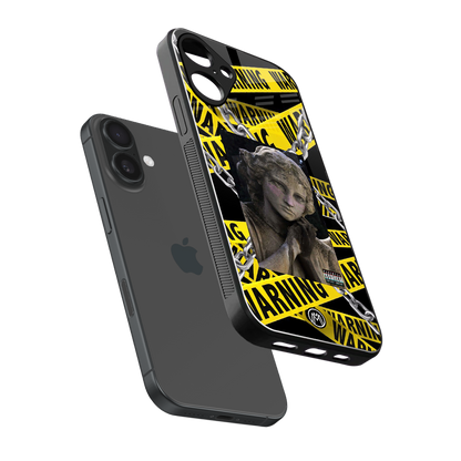 caution back phone cover | glass case for iphone 16 plus