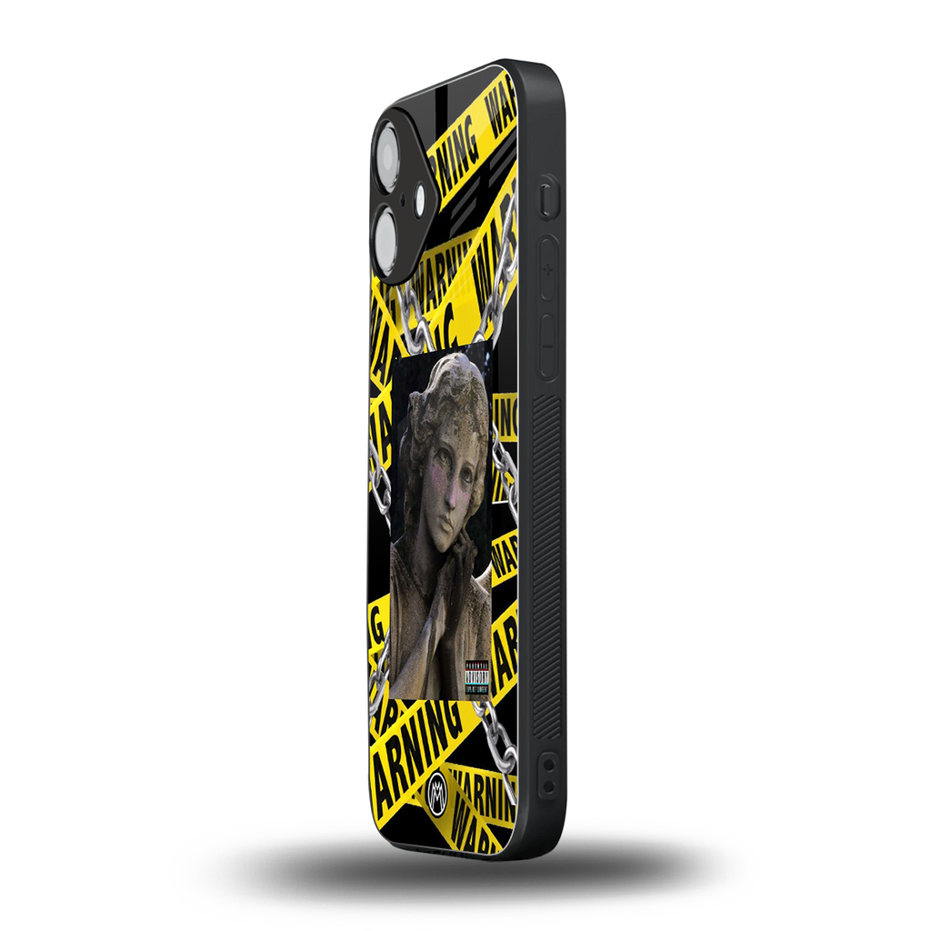 caution back phone cover | glass case for iphone 16 plus