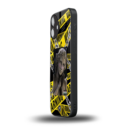 caution back phone cover | glass case for iphone 16 plus