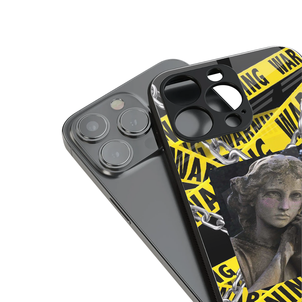 caution back phone cover | glass case for iphone 15 plus