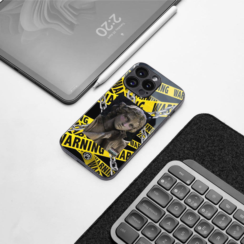 caution back phone cover | glass case for iphone 16