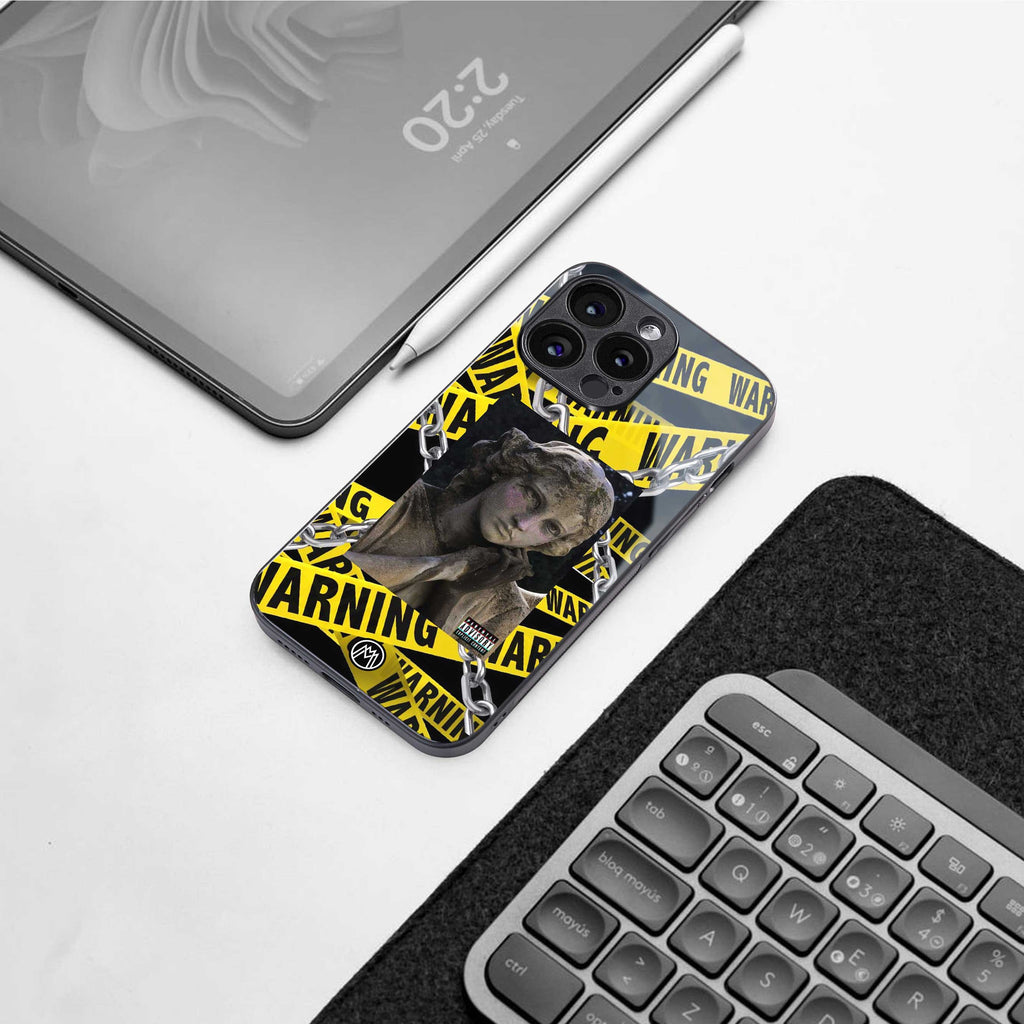 caution back phone cover | glass case for iphone 14 pro