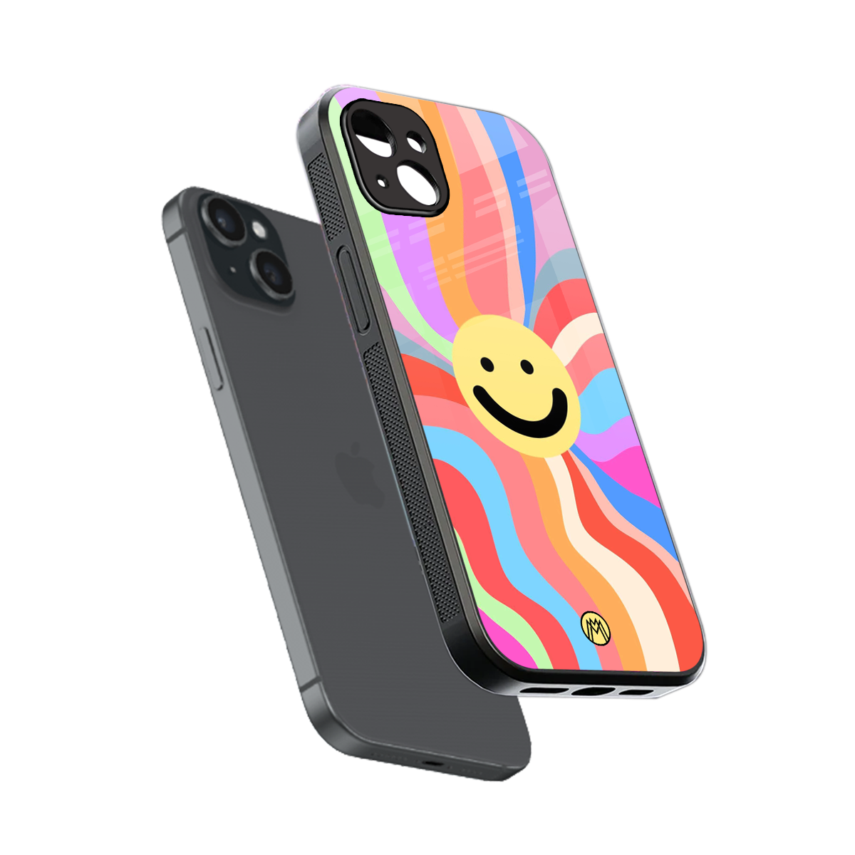 cheerful smiley back phone cover | glass case for iphone 15 plus