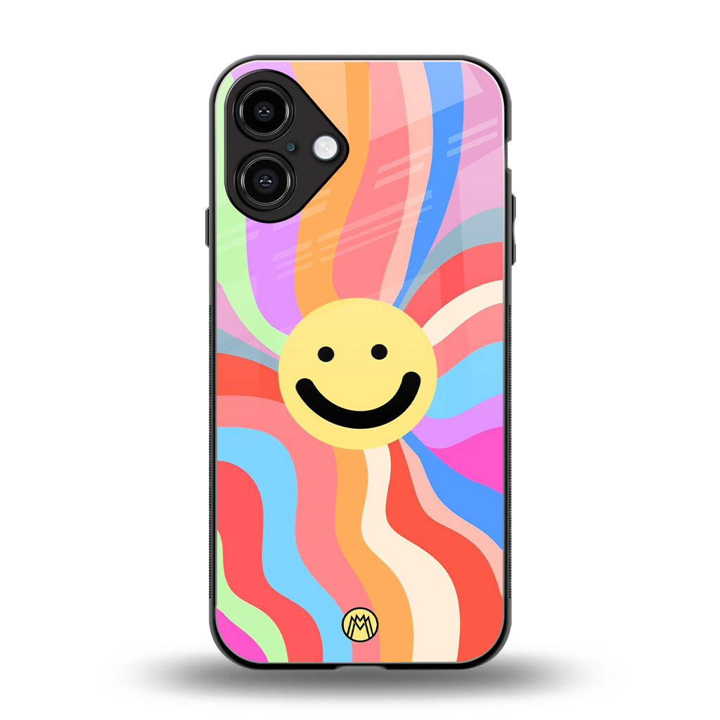 cheerful smiley back phone cover | glass case for iphone 16 plus