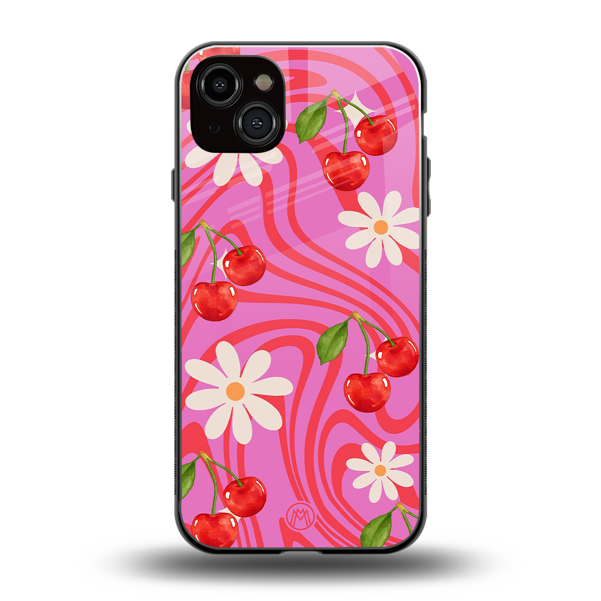 cherry swirl back phone cover | glass case for iphone 15 plus
