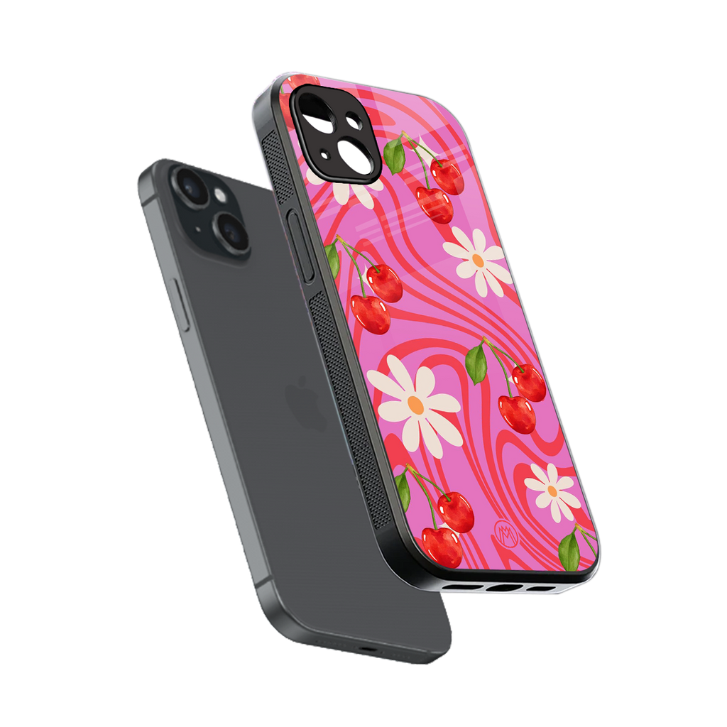 cherry swirl back phone cover | glass case for iphone 14 plus